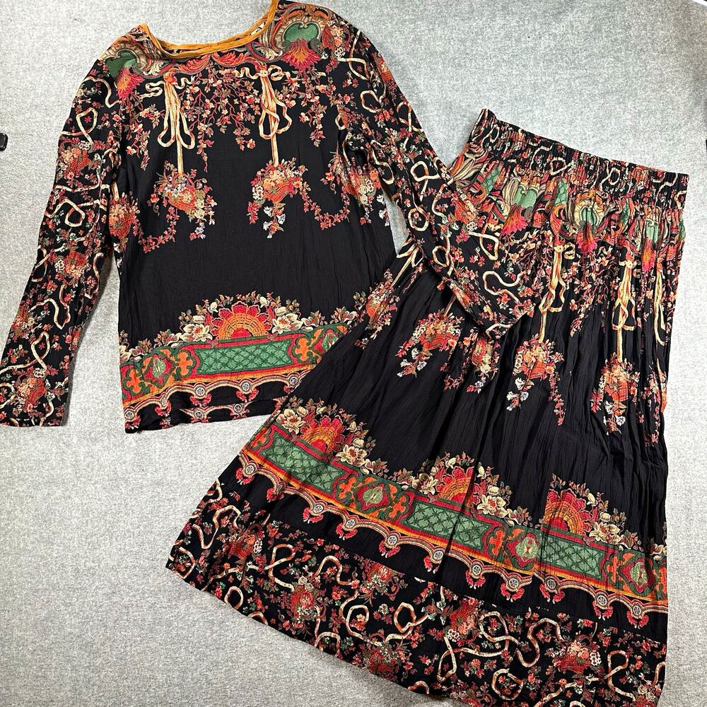 Vintage 90s AKF New York 2 Piece Rayon Maxi Skirt Blouse Set Boho Floral USA